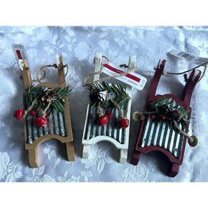 New 3 Wood and Metal Christmas Sled Ornaments with bells by Ashland